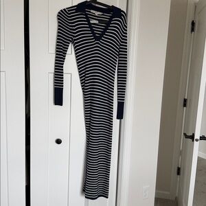 LOFT navy and White Striped Long Sleeve Dress